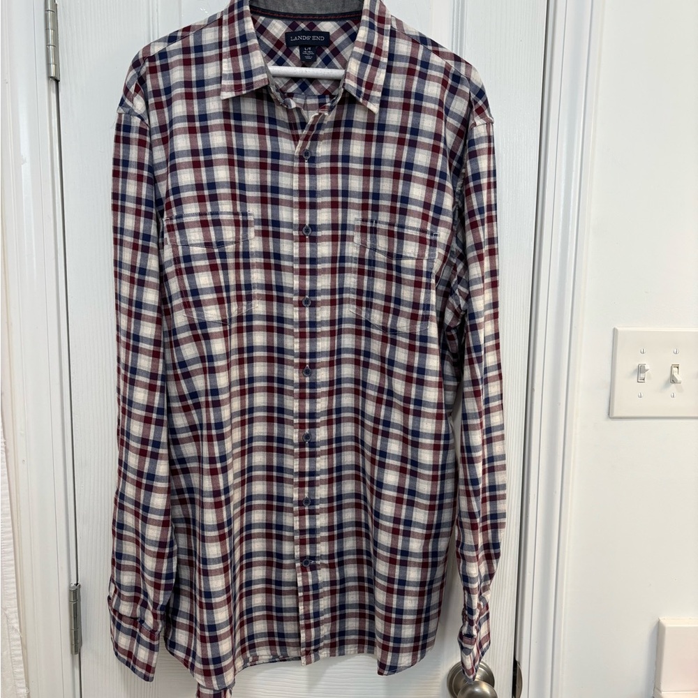 Lands' End Men's Plaid Shirt - Navy, Red, White, Size Large